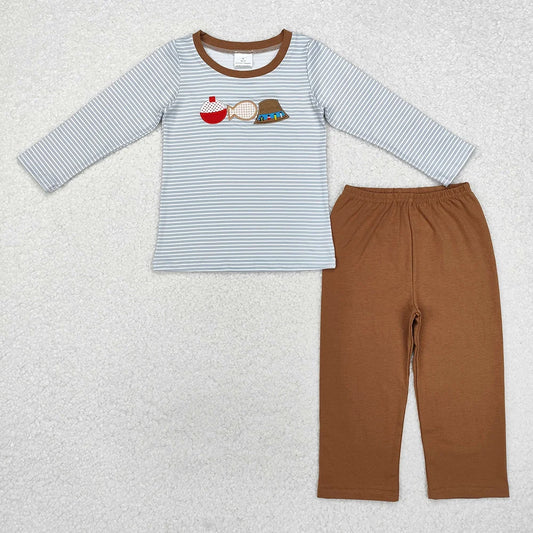 Baby Boys Embroidery Fishing Striped Long Sleeve Top with Brown Pants Outfit
