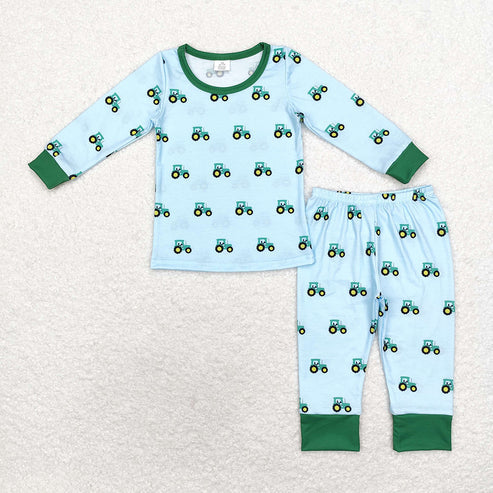 Sibling Baby Boys Green Tractors Long Sleeve Pajama Set Romper
