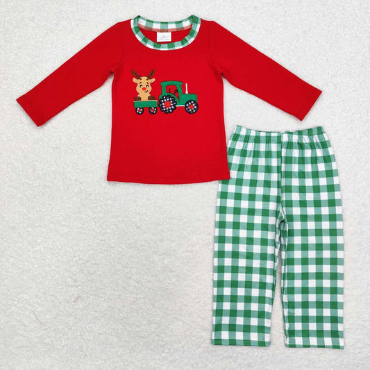 BLP0611 Deer Tractor Embroidery Red Top Checkered Pants Boys Christmas Clothes Set