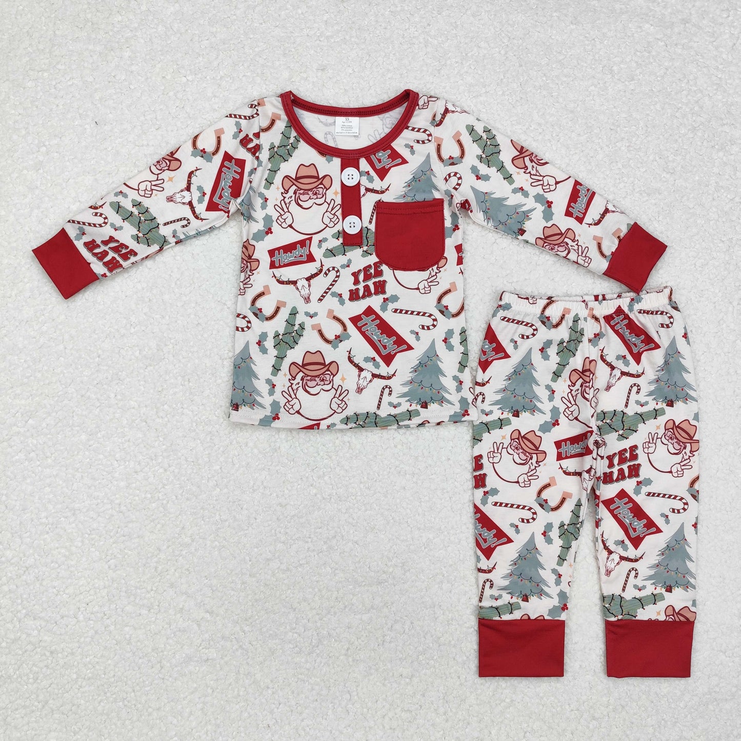 BLP0620 Santa Holly Howdy Print Boys Christmas Bamboo Pajamas Clothes Set