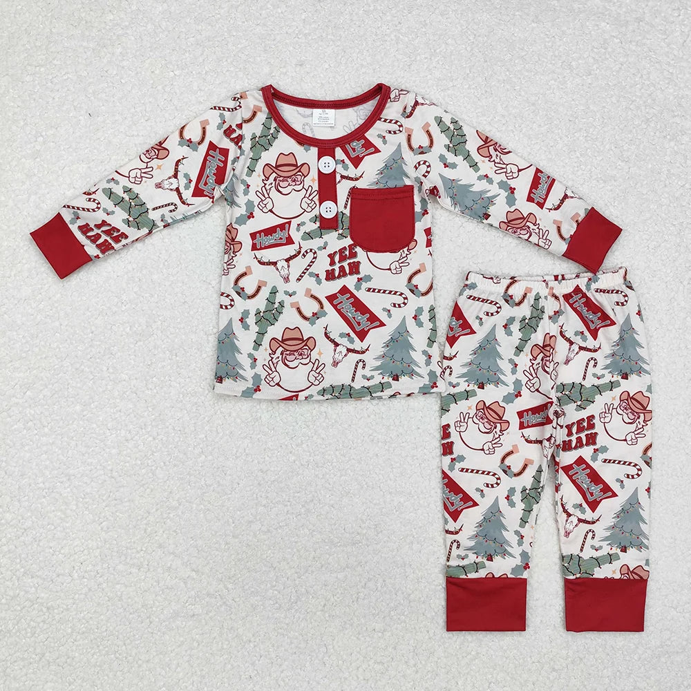 Sibling Boys Girls Christmas Western Santa Cactus Bamboo Rompers Pajamas