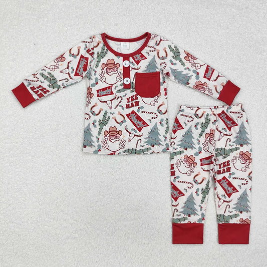 Sibling Boys Girls Christmas Western Santa Cactus Bamboo Rompers Pajamas