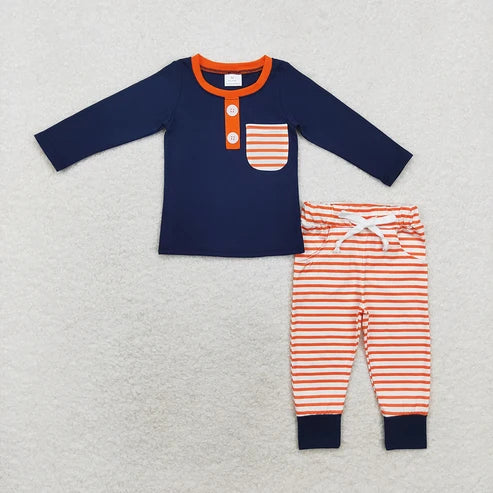 Baby Boys  Navy Pocket Long Sleeve Top Orange Striped Pants Outfit