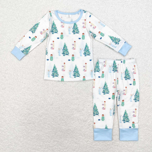 BLP0633 Tree Print Boys Christmas Bamboo Pajamas Clothes Set