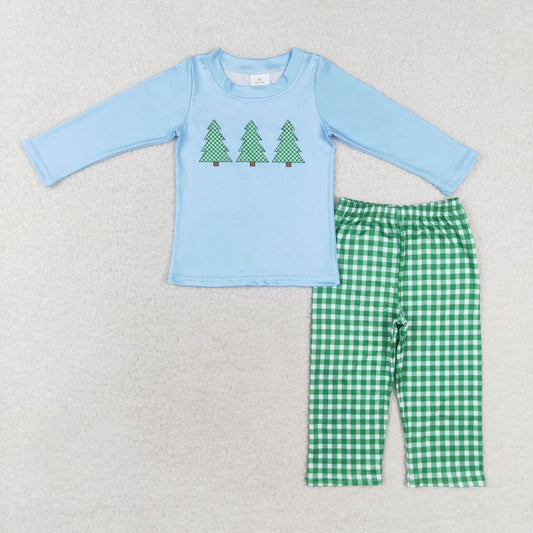 BLP0659 Tree Blue Top Checkered Pants Boys Christmas Clothes Set