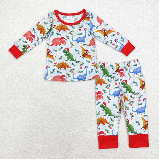 BLP0664 Dino Print Boys Christmas Bamboo Pajamas Clothes Set