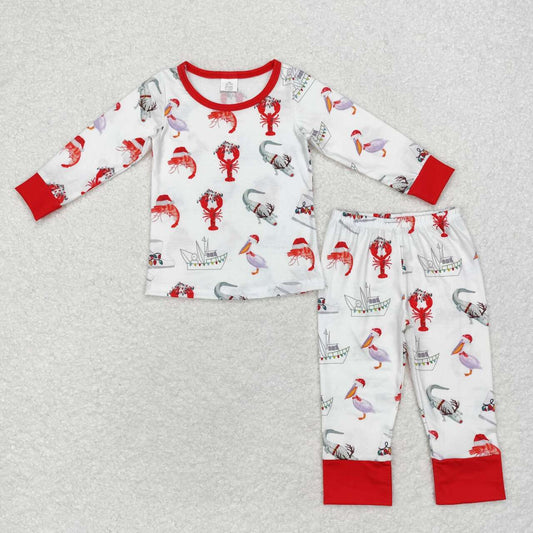 BLP0674 Pelican Crayfish Crocodile Print Boys Christmas Bamboo Pajamas Clothes Set
