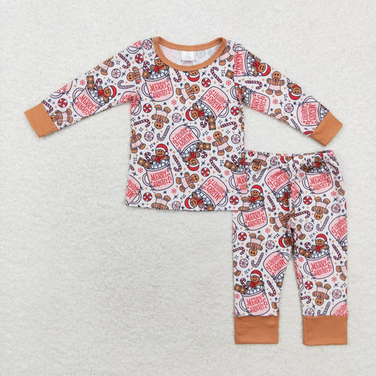 BLP0676 Gingerbread Candy Cane Cup Print Boys Christmas Bamboo Pajamas Clothes Set