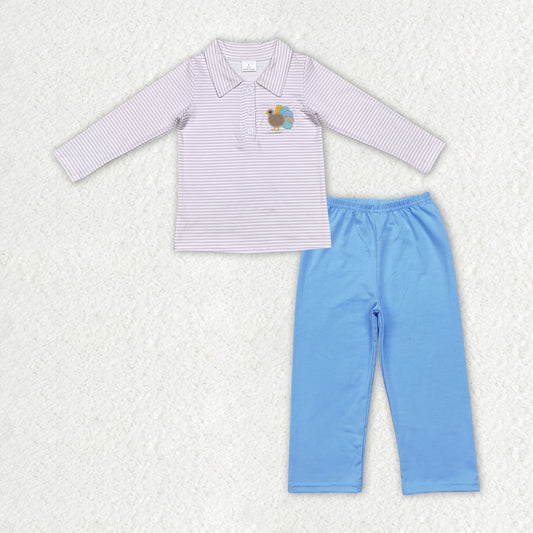 BLP0698 Turkey Embroidery Stripes Top Blue Pants Boys Thanksgiving Clothes Set