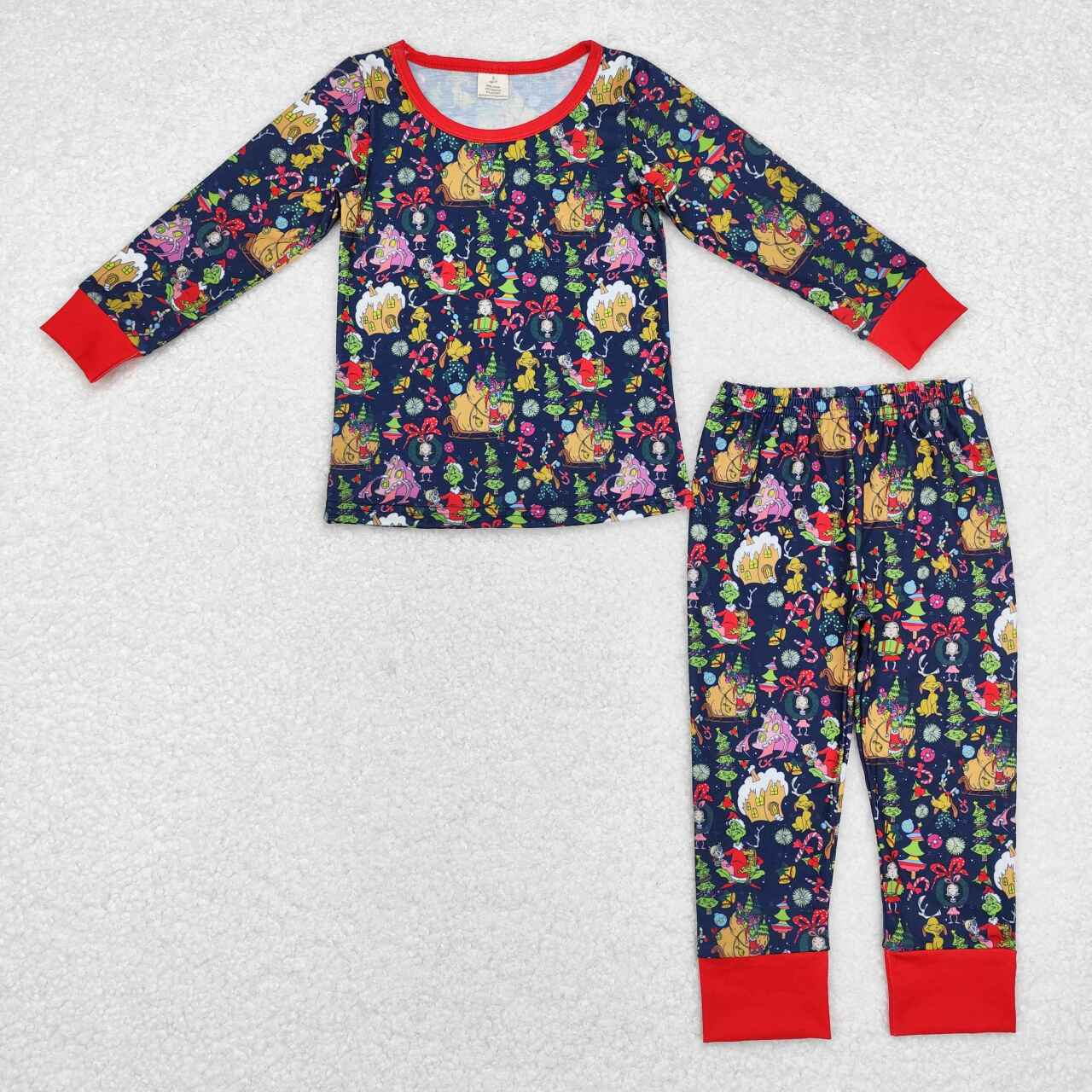 BLP0700 Green Frog Tree Candy Cane Navy Print Kids Christmas Bamboo Pajamas Clothes Set