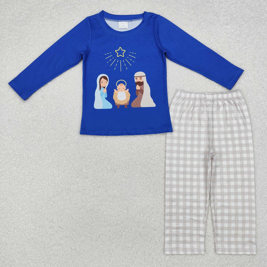 BLP0723 Nativity Blue Top Checkered Pants Boys Christmas Clothes Set