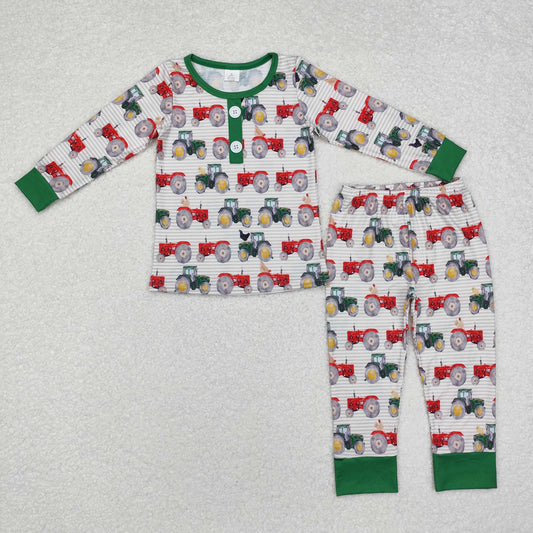 BLP0725 Tractor Red Green Stripes Print Kids Bamboo Pajamas Clothes Set