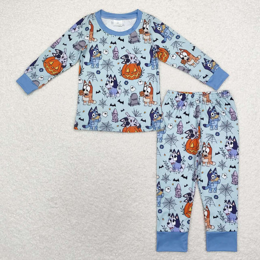 BLP0726 Cartoon Dog Pumpkin Bat Blue Print Boys Halloween Pajamas Clothes Set