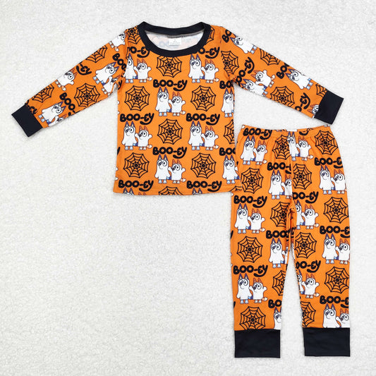 BLP0727 Cartoon Dog Web Boo Orange Print Boys Halloween Pajamas Clothes Set