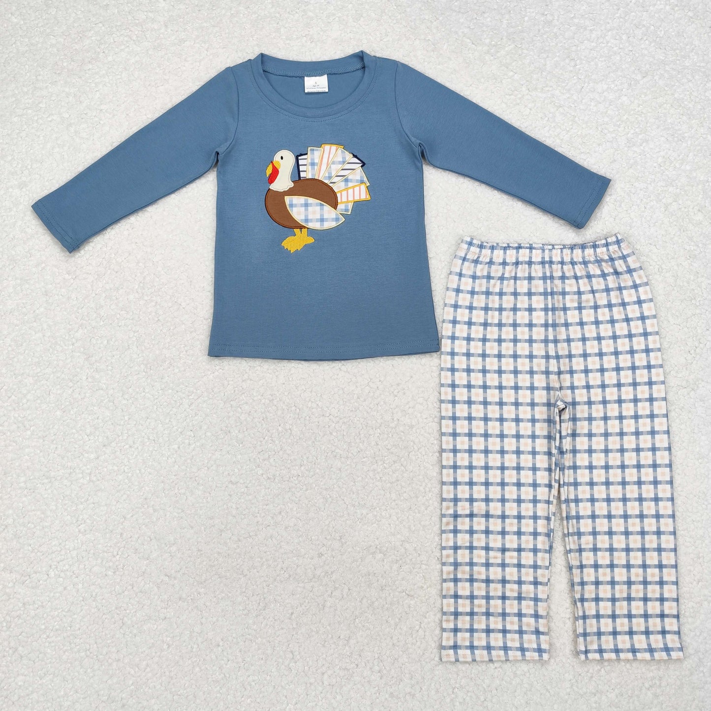 BLP0742 Turkey Embroidery Blue Top Checkered Pants Boys Thanksgiving Clothes Set