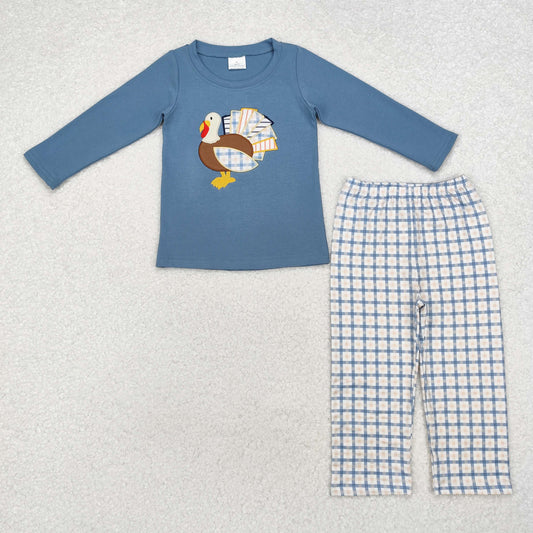 BLP0742 Turkey Embroidery Blue Top Checkered Pants Boys Thanksgiving Clothes Set