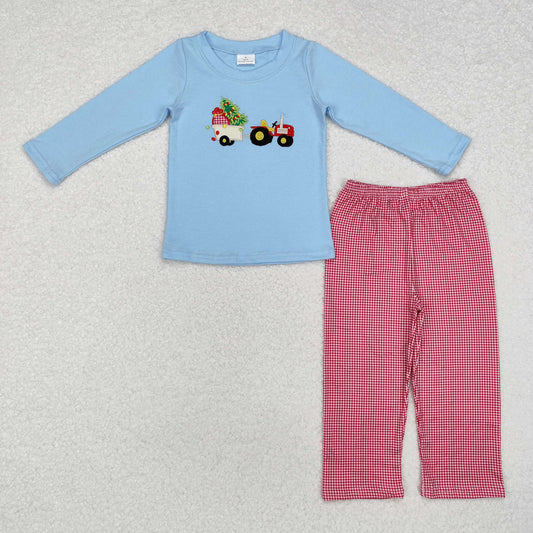 BLP0745 Tree Tractor Embroidery Blue Top Checkered Pants Boys Christmas Clothes Set