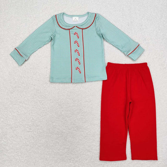 BLP0752 Candy Cane Checkered Top Red Pants Boys Christmas Clothes Set