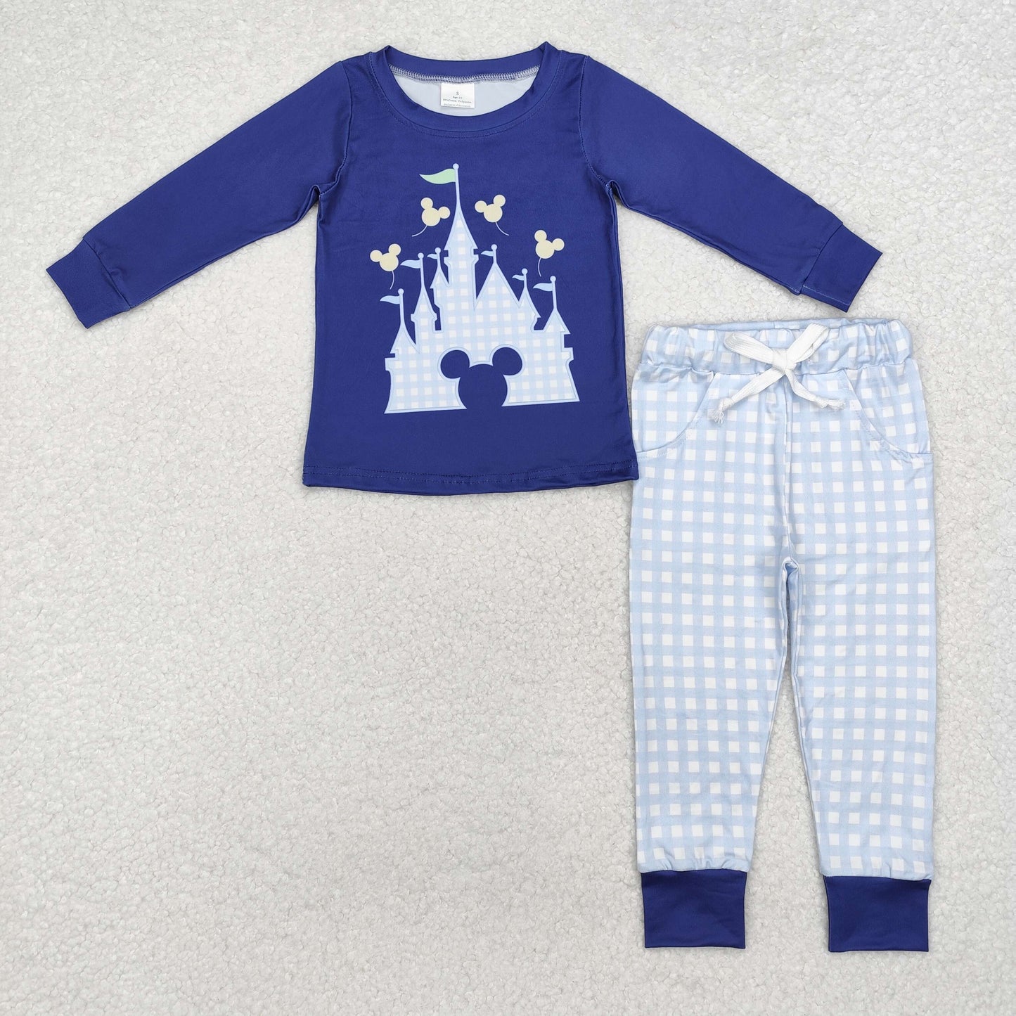 BLP0753 Cartoon Mouse Castle Blue Top Checkered Pants Boys Clothes Set