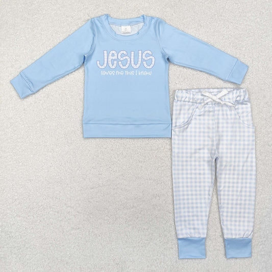 BLP0767 Jesus Blue Top Plaid Pants Boys Easter Clothes Set