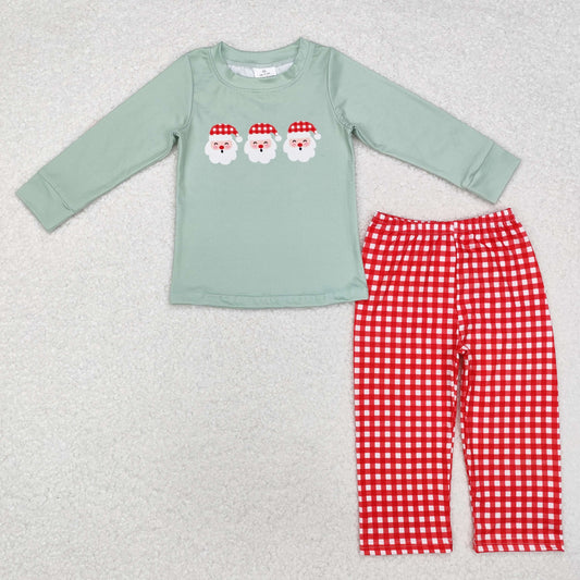 BLP0774  Santa Green Top Checkered Pants Boys Christmas Clothes Set