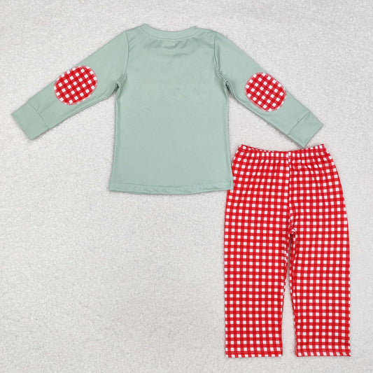 BLP0774  Santa Green Top Checkered Pants Boys Christmas Clothes Set