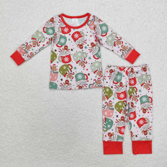 BLP0783 Gingerbread Cups Candy Cane Print Boys Christmas Bamboo Pajamas Clothes Set