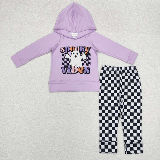 BLP0792 Spooky Vibes Purple Hoodie Top Checkered Pants Boys Halloween Clothes Set