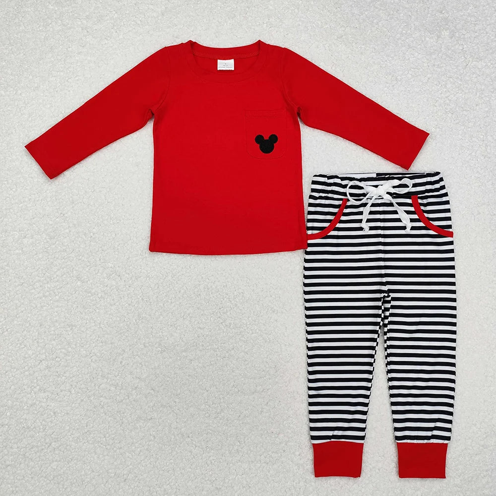 Baby Boys Red Mouse Pocket Long Sleeve Top with Striped Pants Outfit