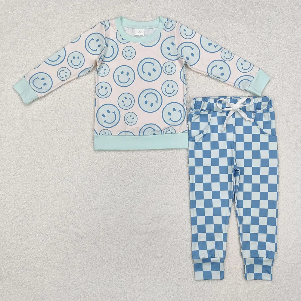 Sibling Baby Girls  Smile Face Long Sleeve Top with Checkec Pants Outfit