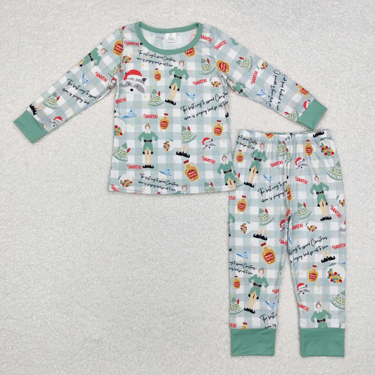 BLP0804 Cartoon Shelf Checkered Print Boys Christmas Bamboo Pajamas Clothes Set