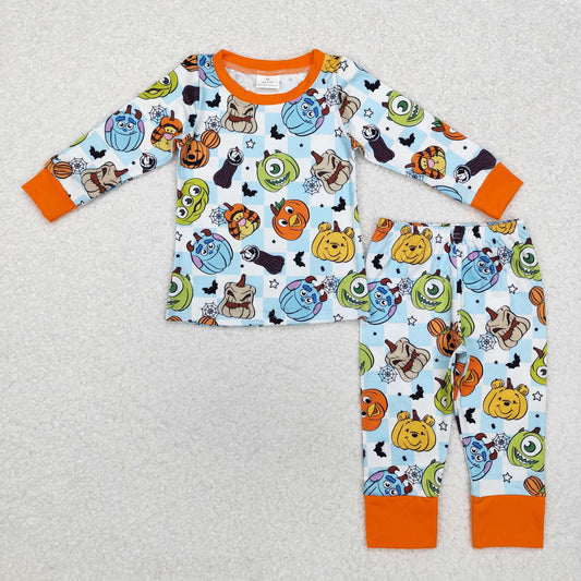 BLP0809 Cartoon Monster Checkered Print Boys Halloween Pajamas Clothes Set