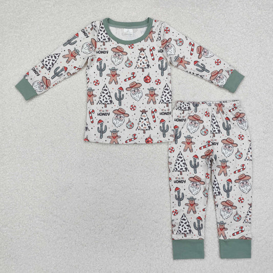 BLP0817 HOHOHO Howdy Santa Gingerbread Print Boys Christmas Pajamas Clothes Set