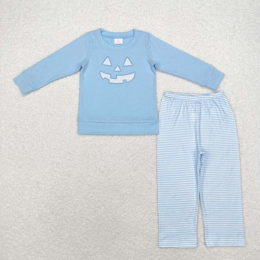 BLP0863 Smiling Face Embroidery Blue Top Stripes Pants Boys Halloween Clothes Set