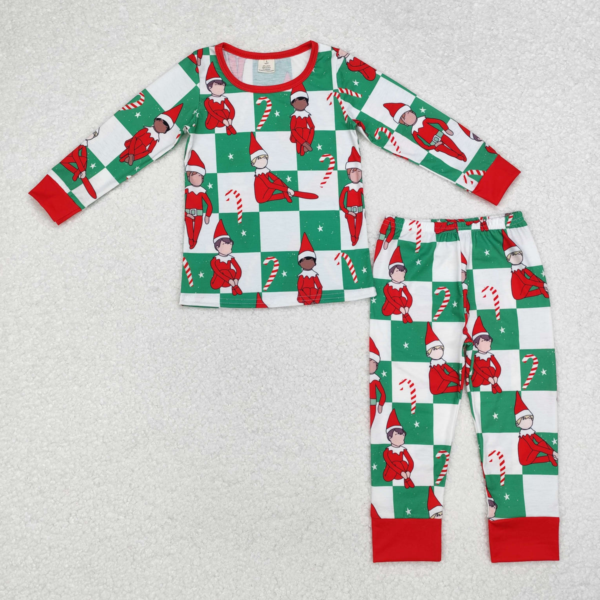 BLP0875 Cartoon Shelf Checkered Print Boys Christmas Bamboo Pajamas Clothes Set