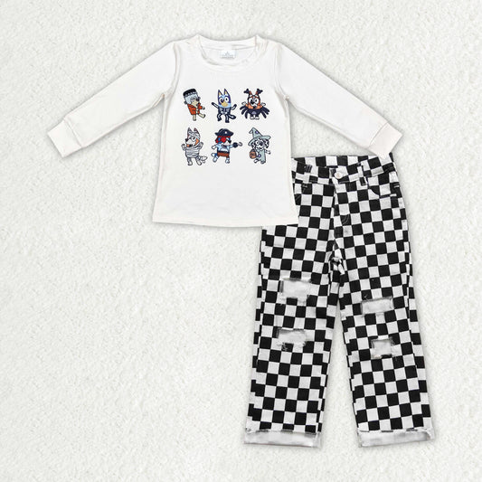 BLP0892 Cartoon Dog White Top Checkered Distressed Jeans Boys Halloween Clothes Set