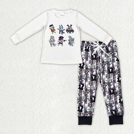 BLP0893 Cartoon Dog White Top Stripes Pants Boys Halloween Clothes Set