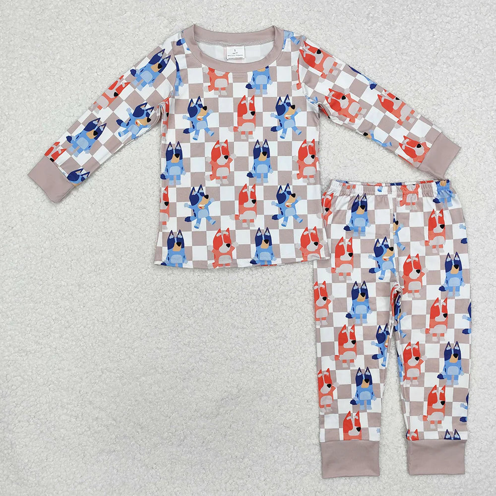 Sibling Baby Kids Dog Checkered Rompers Shirt Pants Pajamas