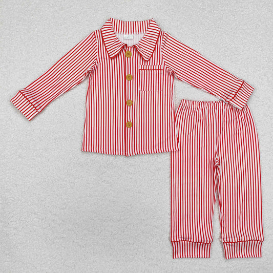 BLP0980 Red Stripes Print Pocket Boys Christmas Buttons Pajamas Clothes Set