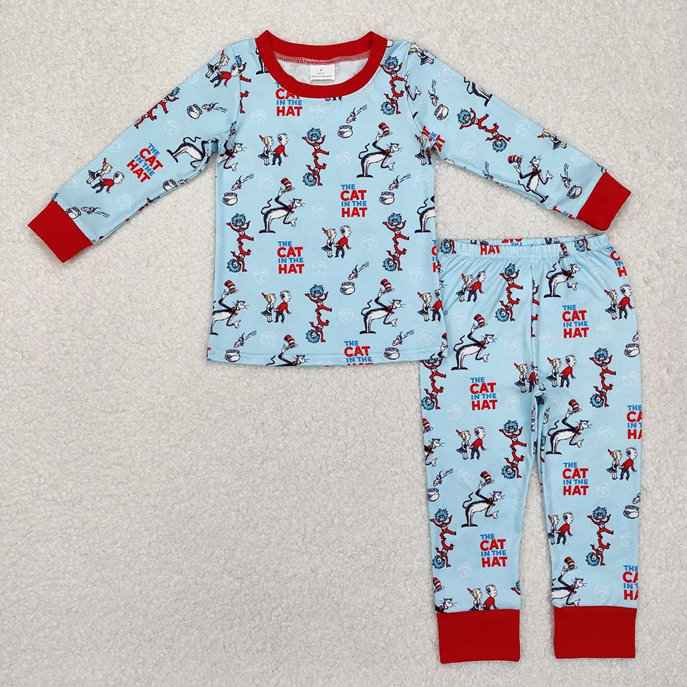 Baby Boys  Cartoon Cat Reading Long Sleeve Pajama Set