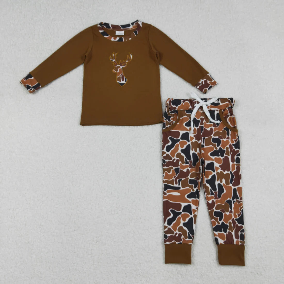 Sibling Baby Boys Embroidery Brown Camo Deer Pockets Pant Short Hunting Clothes Sets