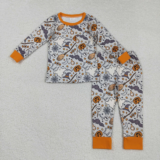 BLP1147 Ghost Pumpkin Bat Candy Print Boys Halloween Pajamas Clothes Set