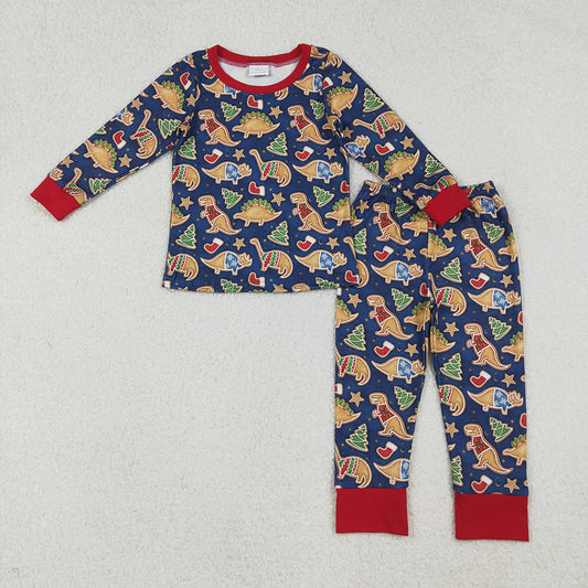BLP1155 Gingerbread Dino Print Boys Christmas Pajamas Clothes Set