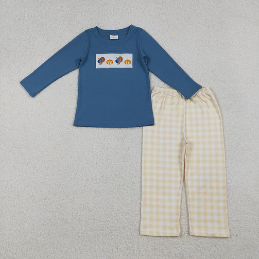 BLP1176 Turkey Pumpkin Embroidery Blue Top Checkered Pants Boys Thanksgiving Clothes Set