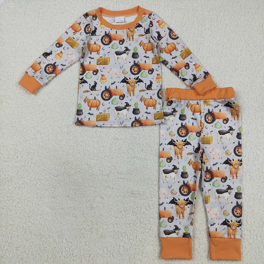BLP1179 Pumpkin Farm Animals Print Boys Halloween Pajamas Clothes Set