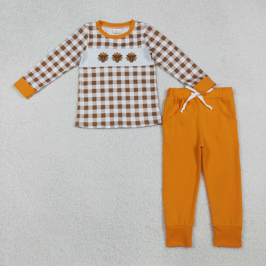 BLP1186 Turkey Embroidery Checkered Top Orange Pants Boys Thanksgiving Clothes Set