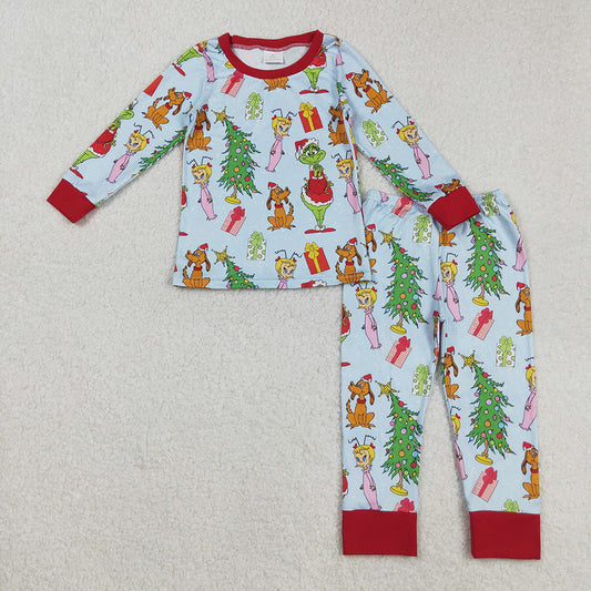BLP1189 Green Frog Print Boys Christmas Pajamas Clothes Set
