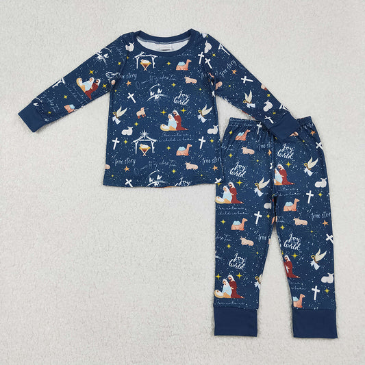 BLP1198 Nativity Navy Print Boys Christmas Pajamas Clothes Set