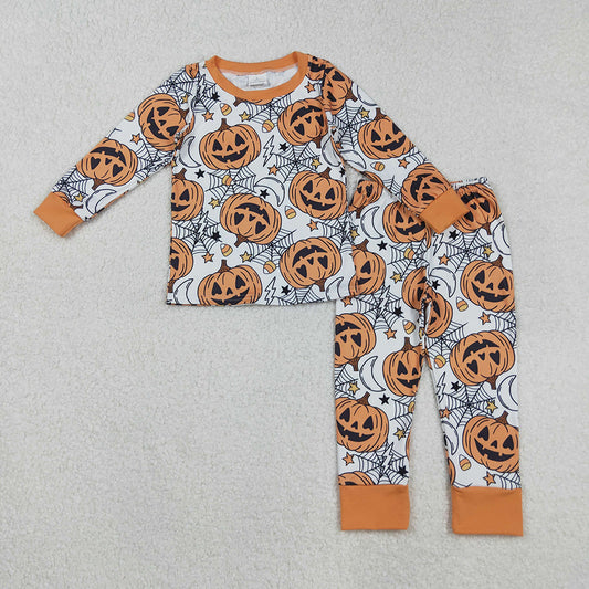 BLP1210 Pumpkin Smiling Web Candy Print Boys Halloween Pajamas Clothes Set