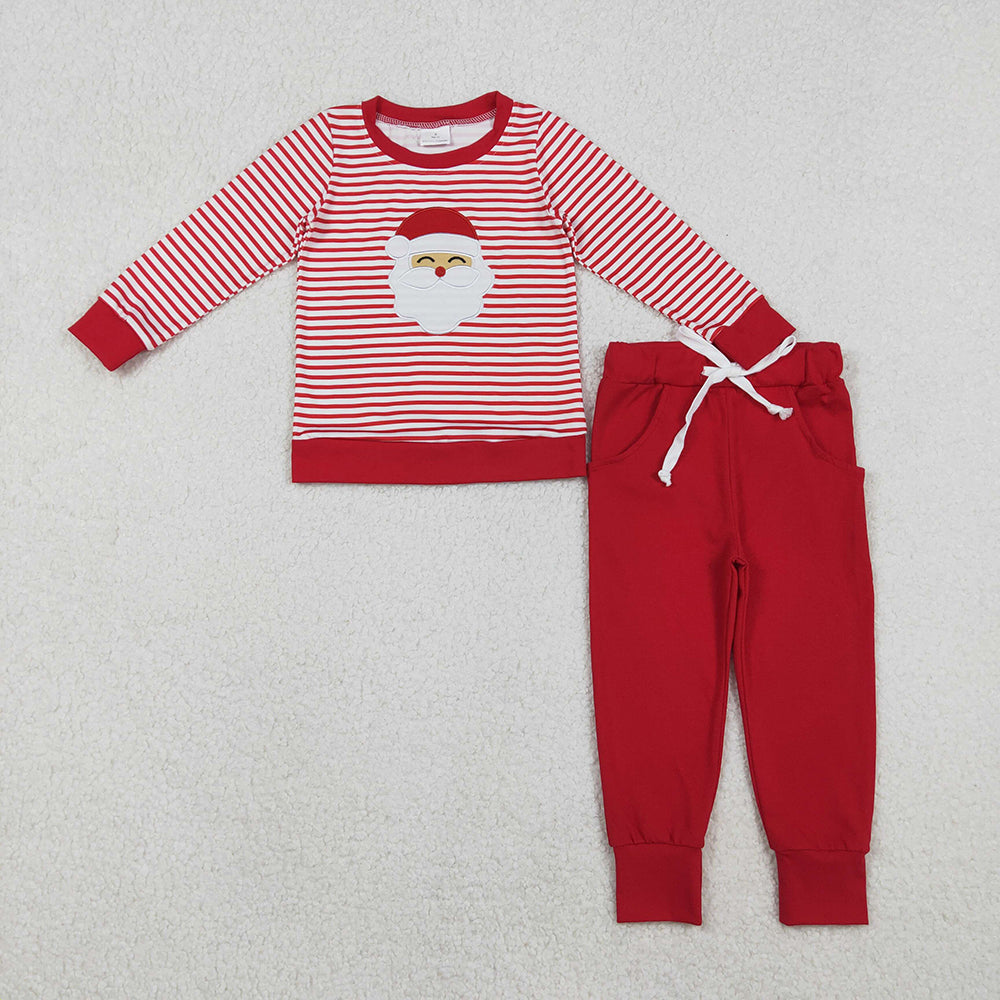 BLP1223 Santa Embroidery Stripes Top Red Pants Boys Christmas Clothes Set